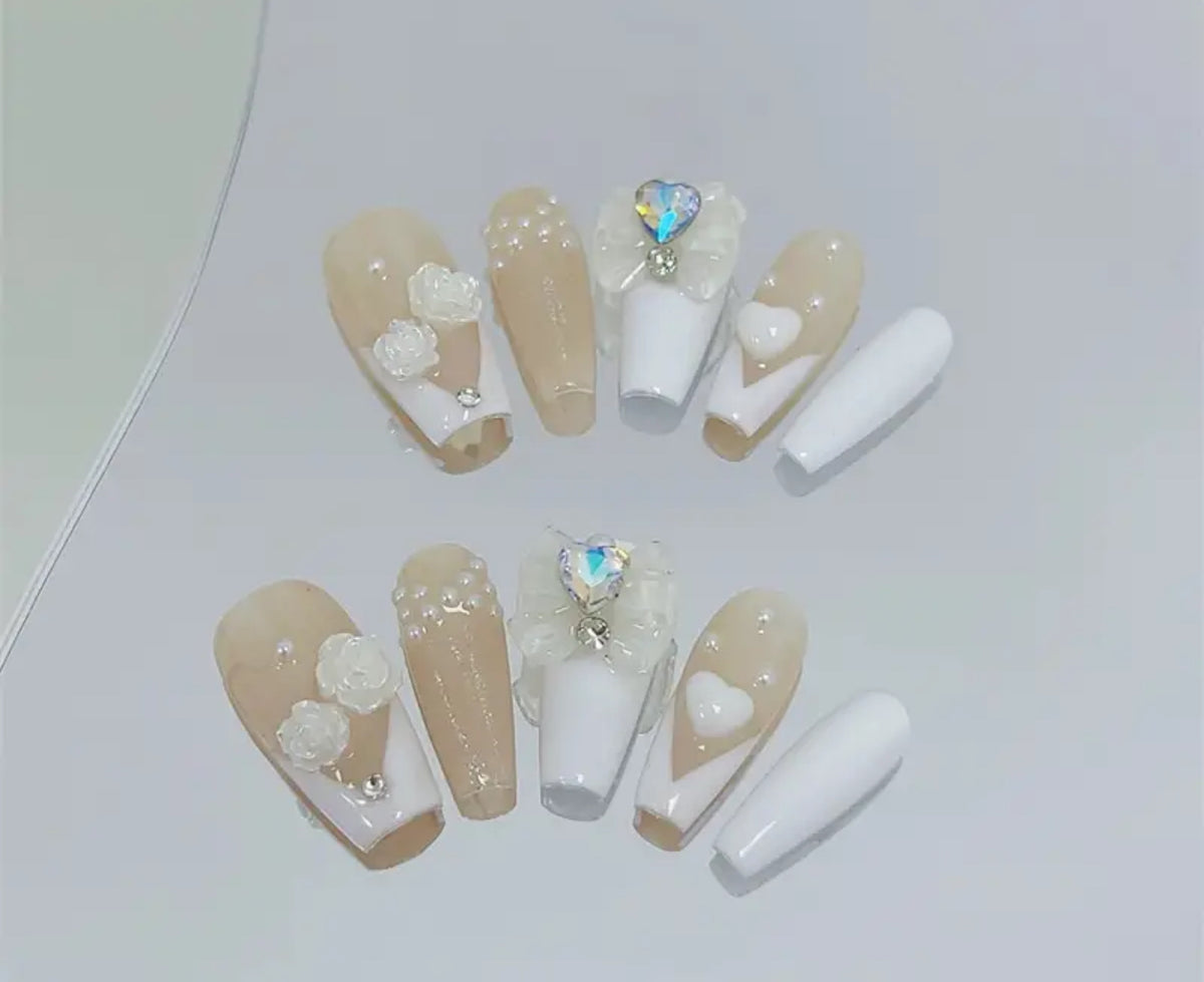 3D White Hearts Bows And Flowers