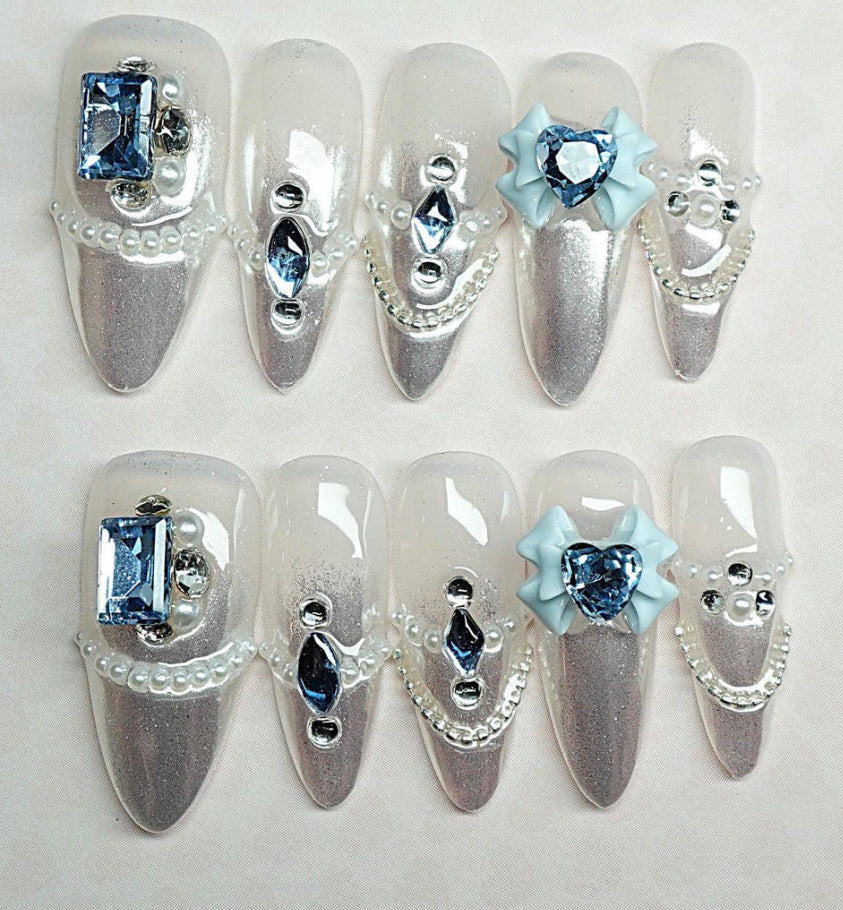 3D Silver French With Blue Rhinestones