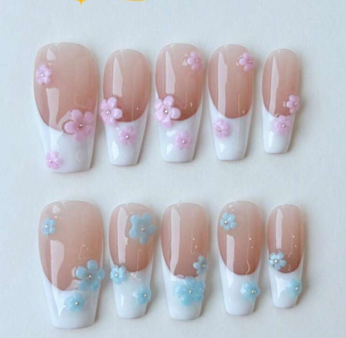 3D French With Pink And Blue Flowers
